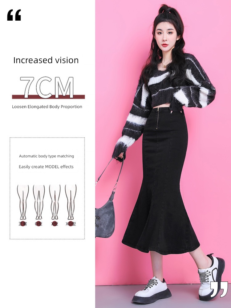 Black grey spring and autumn Medium and long term little chap Fishtail skirt