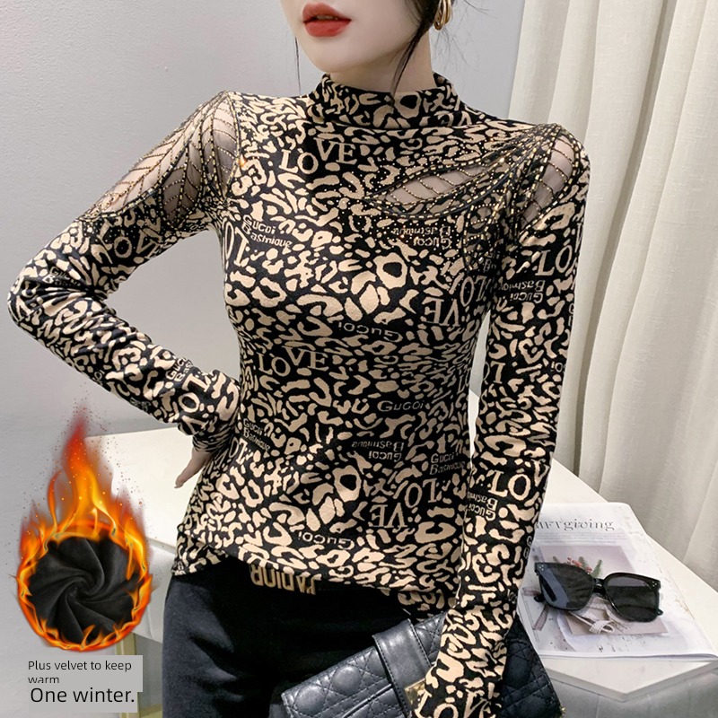 Autumn and winter 2022 new pattern Half high collar Long sleeve Hollow out Embroidery heavy industry Hot drilling T-shirt shirt Foreign style Lay a foundation Small shirt female