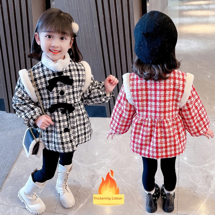 Baby girl Wool child lattice Foreign style winter loose coat