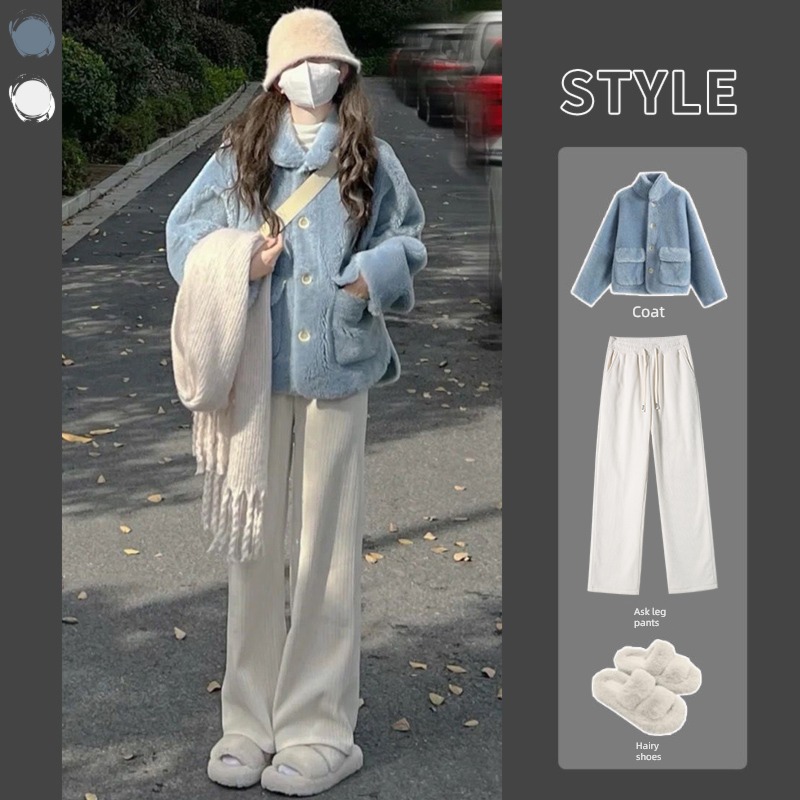 Off white Spring, autumn and winter High waist leisure time Plush Wide leg pants