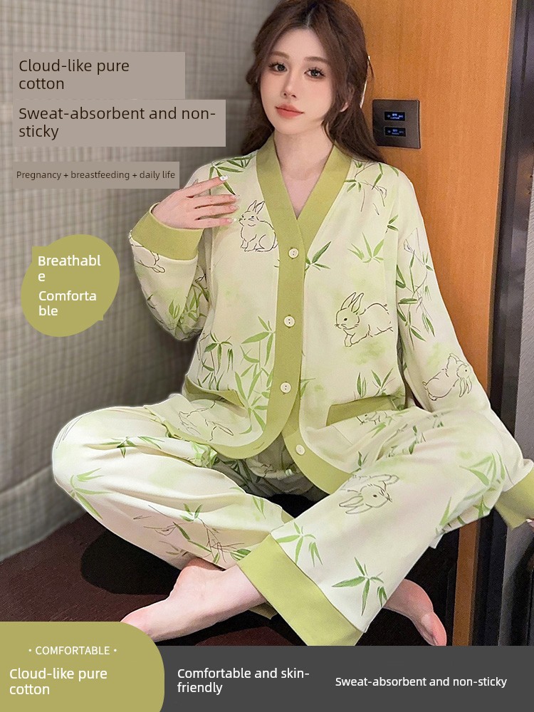 Pure Cotton Postpartum Clothing, Autumn and Winter Postpartum Nursing Pajamas for Women, Special for Breastfeeding, Spring and Autumn Maternity Home Wear, — 2