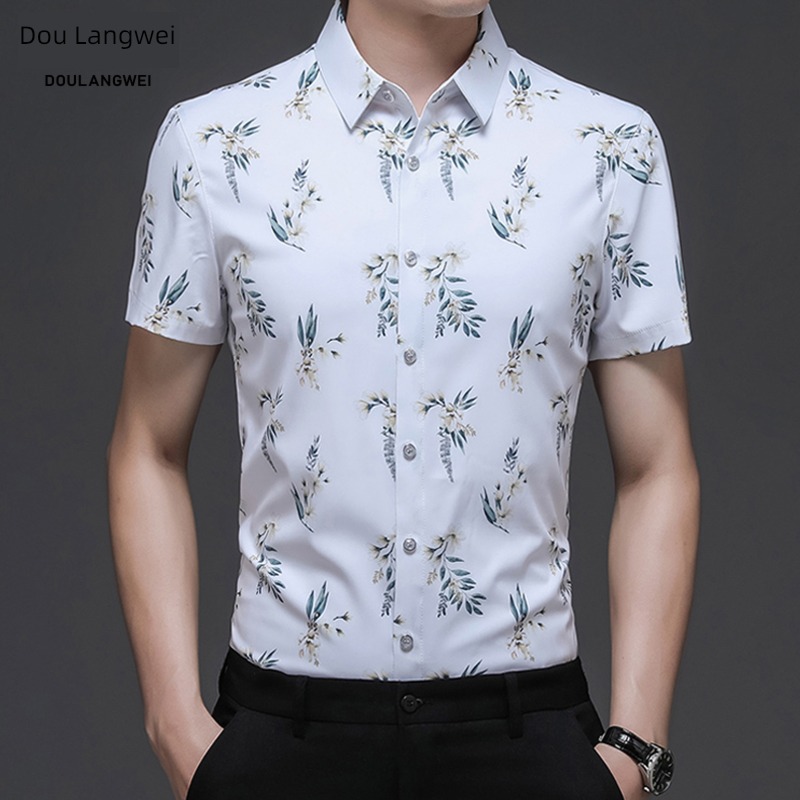 tide Hawaii Ice silk elastic force leisure time printing Short sleeve