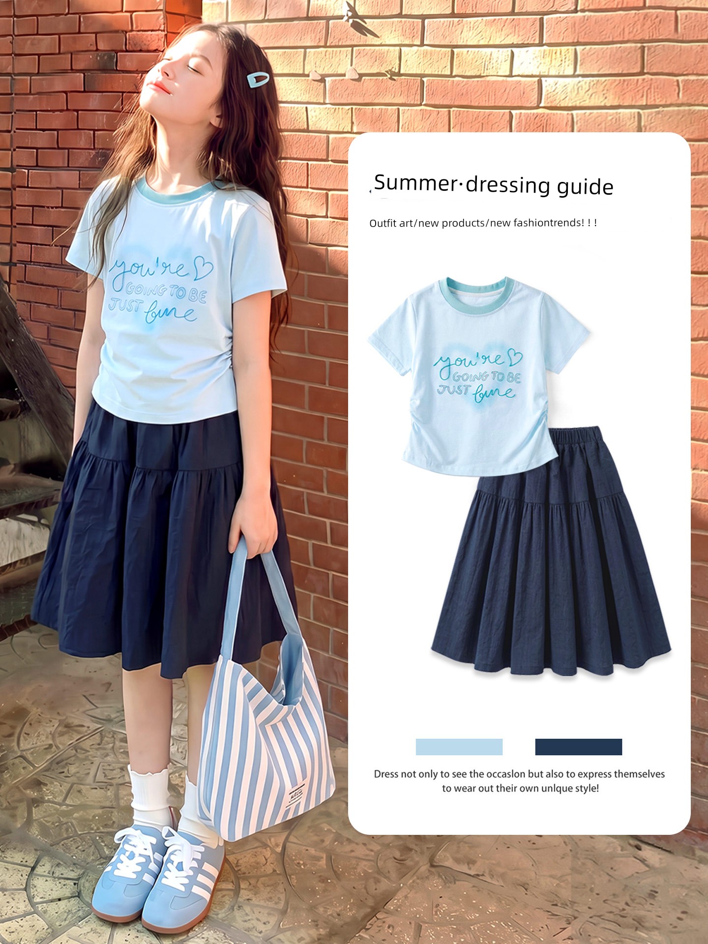 Girls' Summer Dress Set, Children's 2026 New Dopamine Summer Dress, Stylish Full Set for Older Kids