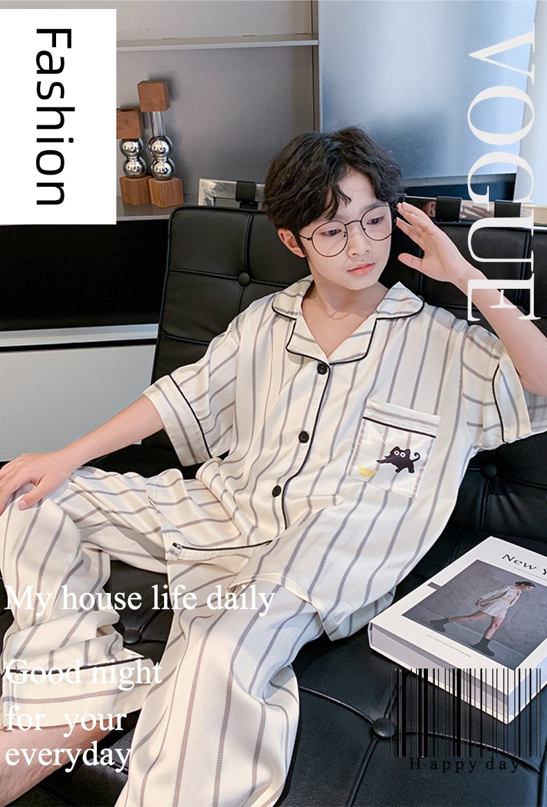 All-Cotton Pure Cotton Ice Silk Pajamas for Boys, Summer Short-Sleeve Three-Piece Set, Air-Conditioned Clothing for Older Children, 2026 New Model — 11