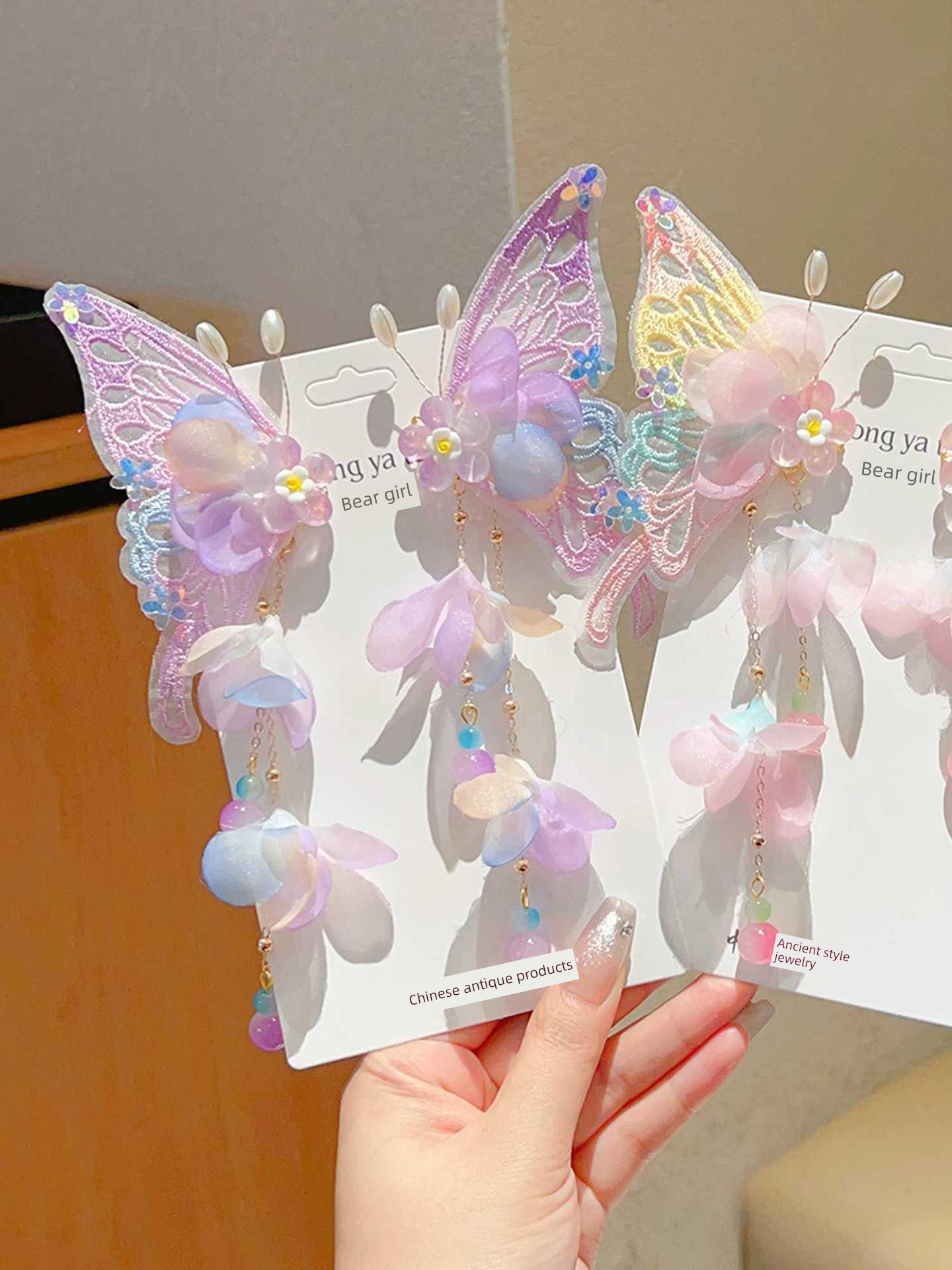 Children's Hanfu Hair Accessories, Baby Chinese Style Butterfly Fairy-Like Ancient Hair Ornaments, Little Girl's Traditional Performance Tassel Hairpiece