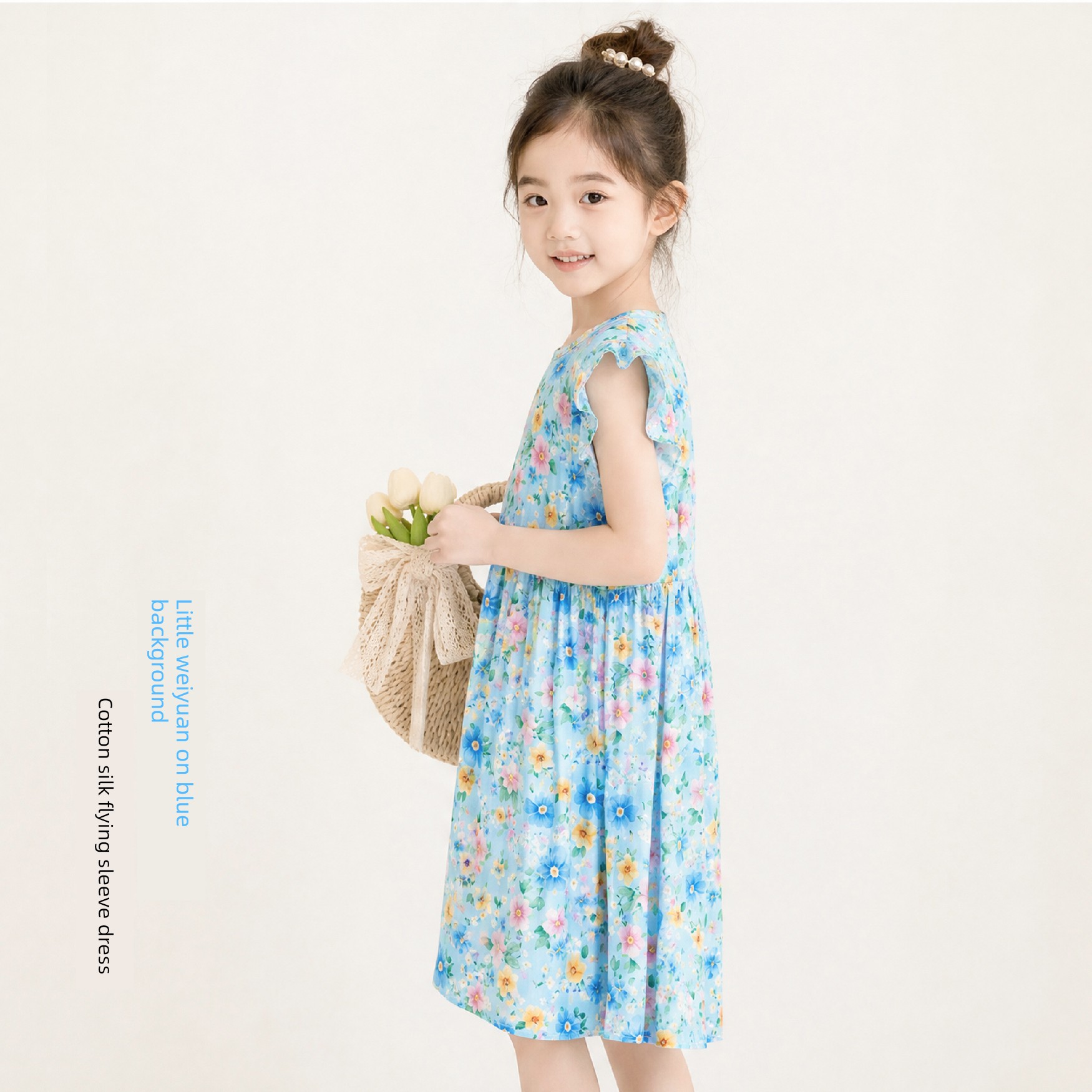 Summer Flying Sleeve Floral Children's Noil Poplin Dress — 8