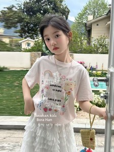波拉韩女童甜美T恤女孩夏装蕾丝短袖2026新款女大童纯棉半袖衣服