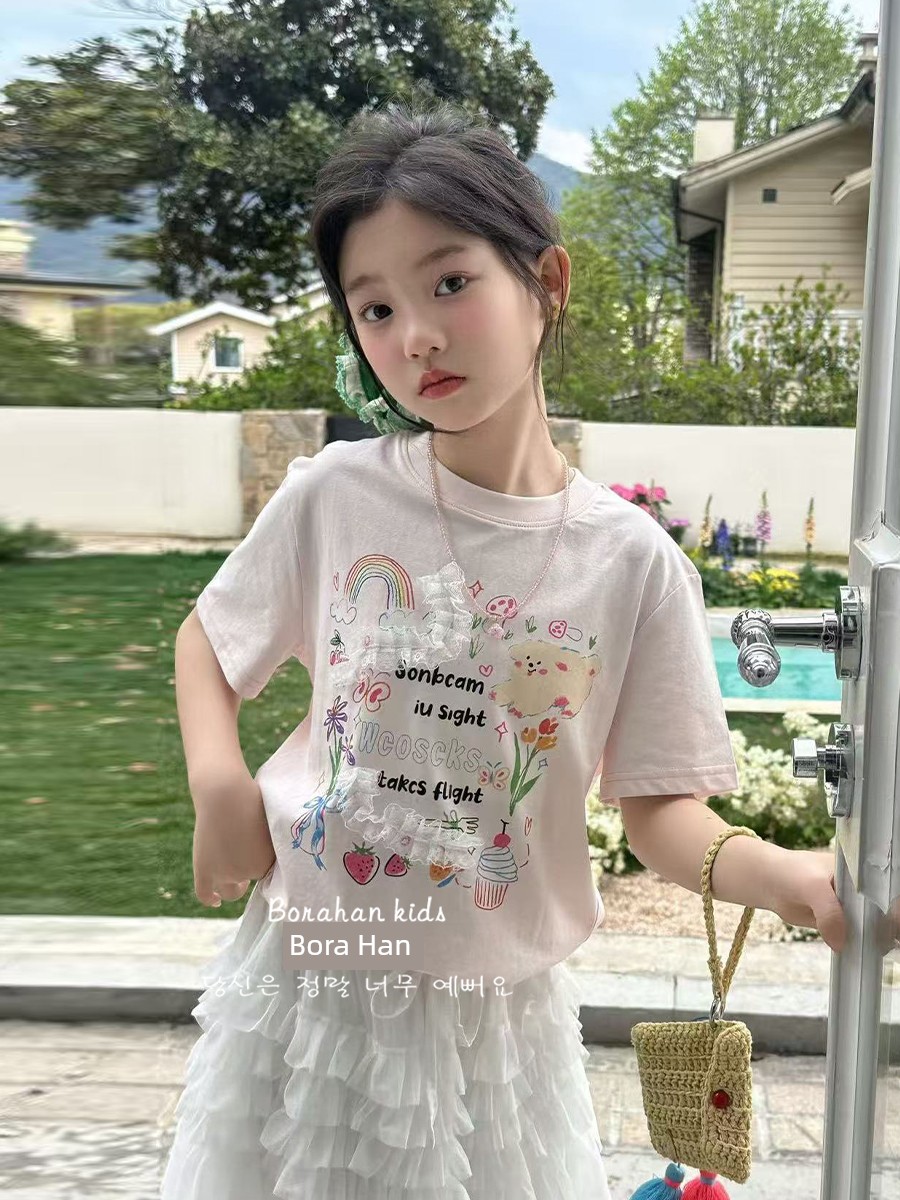Bora Korean Girls' Sweet T-Shirt, Summer Lace Short-Sleeve Top for Girls, 2026 New Style, Pure Cotton Half-Sleeve Clothing for Older Girls