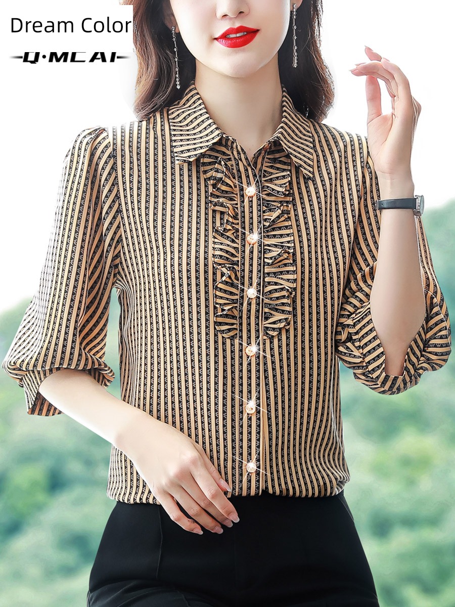 Young mother three quarter sleeve jacket stripe Chiffon shirt