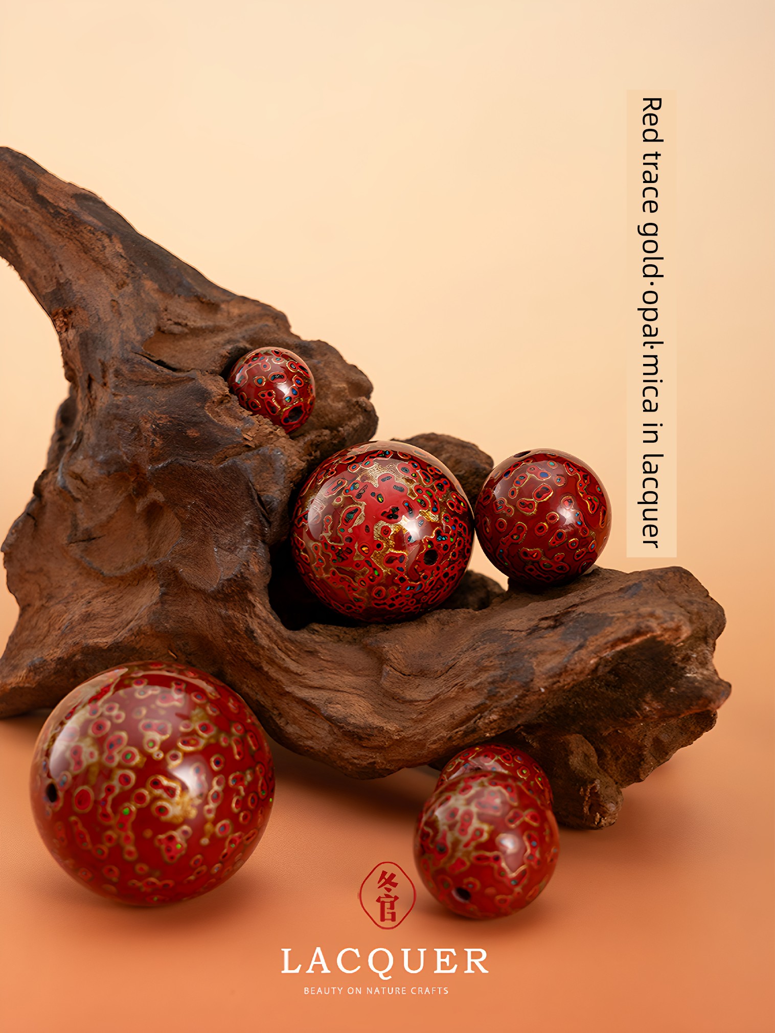 Natural Lacquer Single Bead Necklace Accessory with Opal and Mica Inlaid in Lacquer, Handcrafted Red Gold-Plated Jewelry