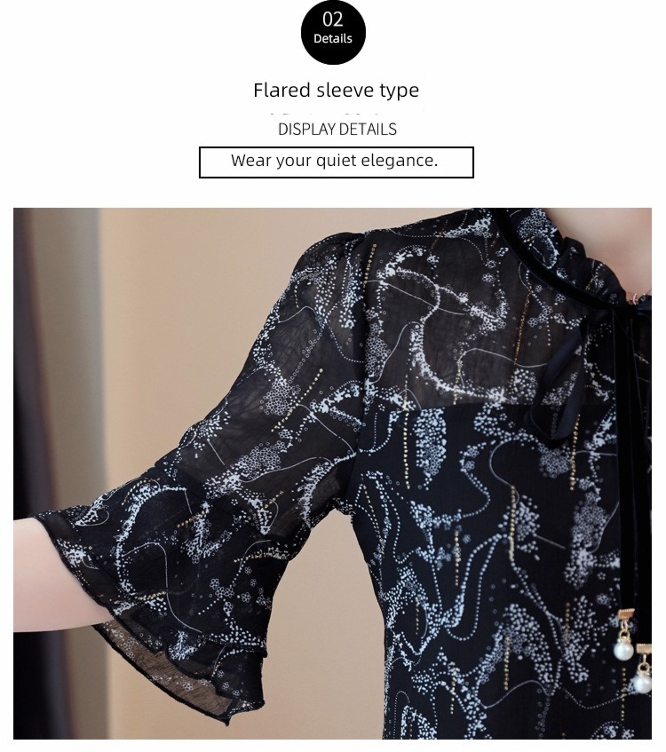Black background Broken flower Women elbow sleeve Foreign style Chiffon shirt