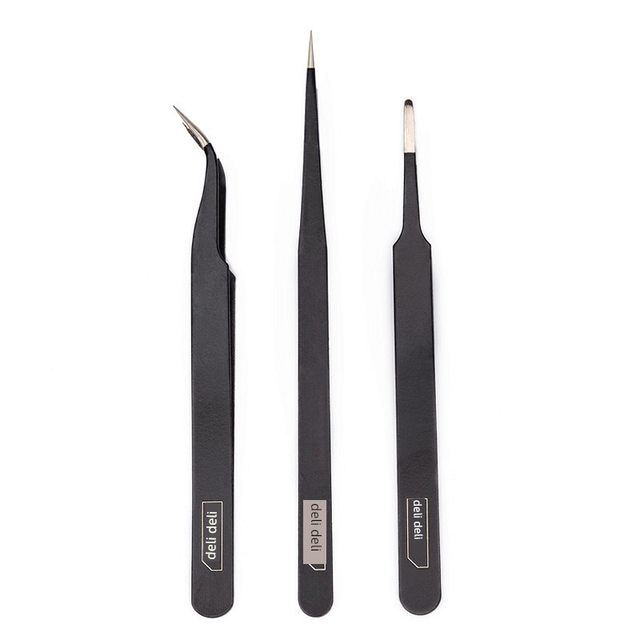 Deli tweezers three-piece set stainless steel household long straight tool pinch clip elbow sewing machine special maintenance