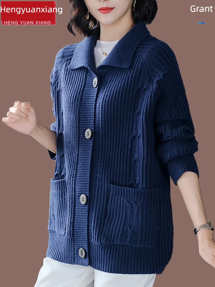 hyz  Lapel middle age Mother dress knitting Cardigan