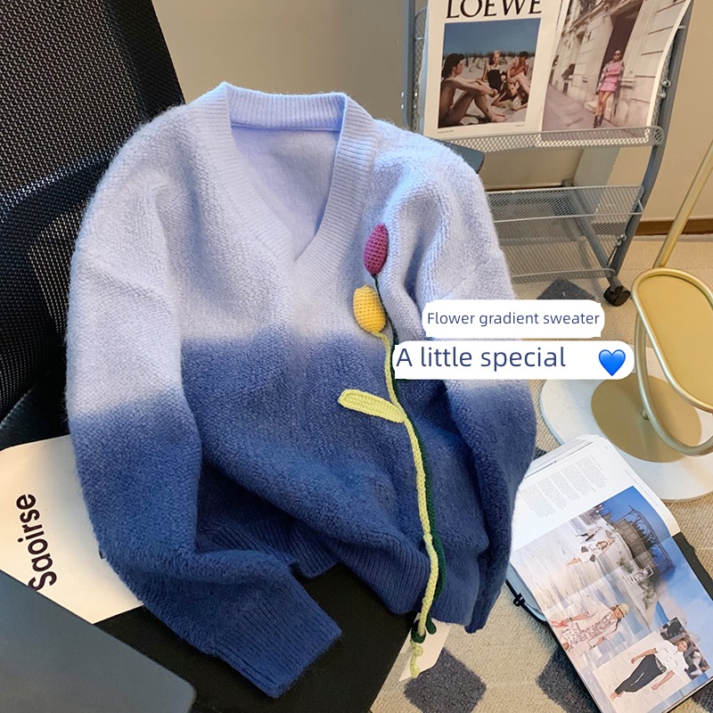 Ins wind Advanced sense flower Gradients sweater female 2022 Autumn and winter Lazy wind Sweet V-neck Versatile unique Sweater