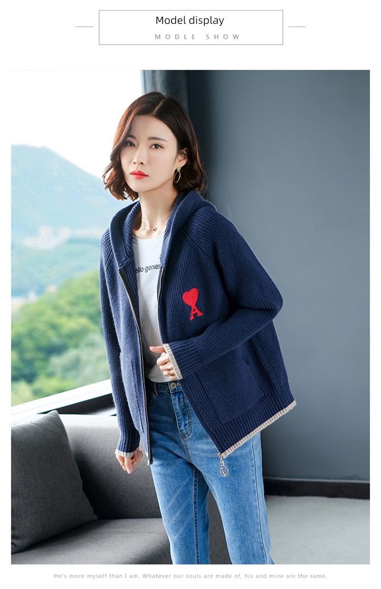 loose coat female Hooded knitting zipper jacket Embroidery Cardigan