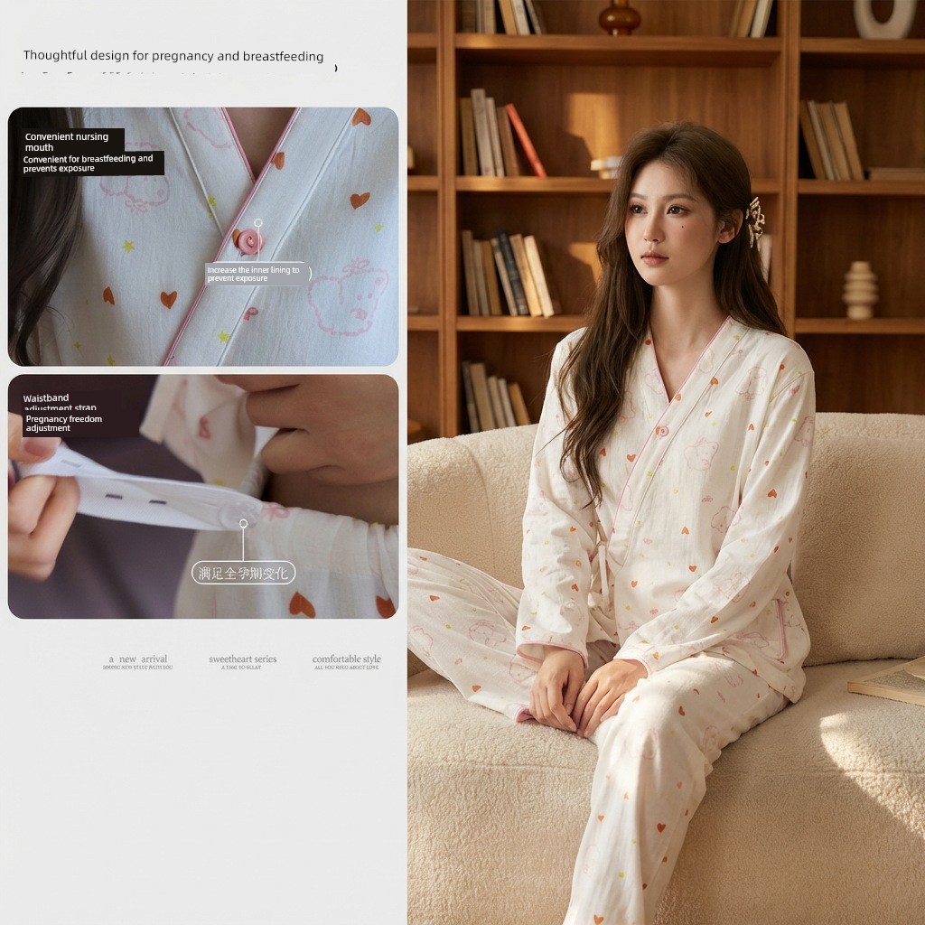 All-Cotton Imported New Pure Cotton Gauze Cute Teddy Maternity Pajama Set, Thin Style Postpartum Nursing Sleepwear Set — 11