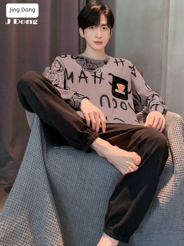 male Spring and Autumn teenagers Cotton Round neck Big size pajamas