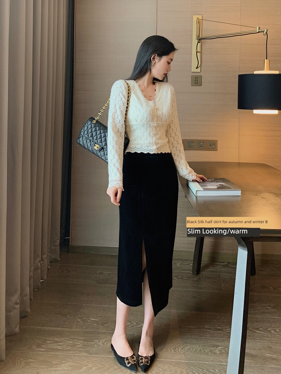 Retro black velvet Autumn and winter Medium and long term Half body skirt