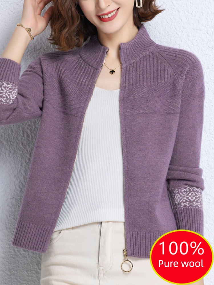 knitting jacket Outside zipper Half high collar pure cardigan
