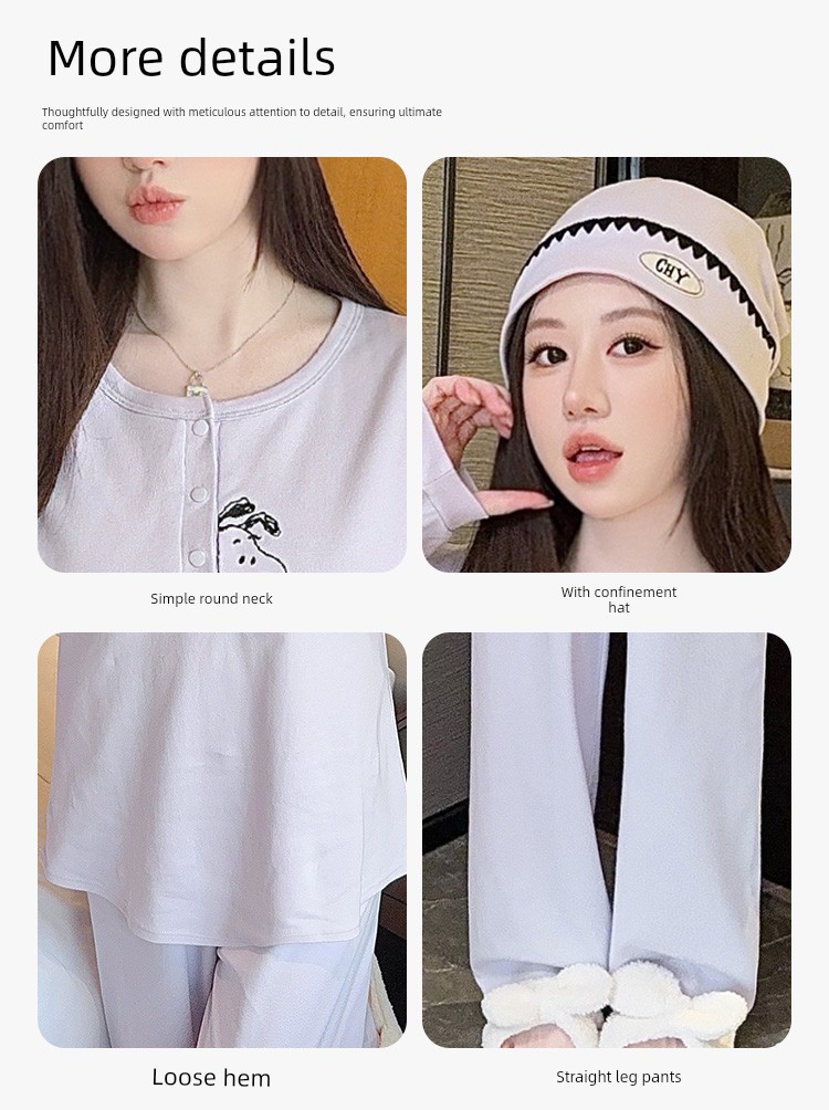 Maternity Pajamas with Hat, Pure Cotton, Sweat-Absorbent, Suitable for All Seasons, Postpartum Nursing Loungewear for Autumn and Winter — 5