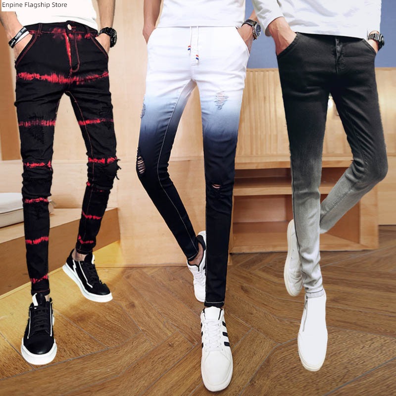 hole Tight fitting spring Korean version trend elastic force trousers