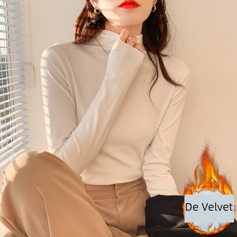 Half high collar Self-cultivation Show thin Derong Undershirt ma'am spring and autumn winter Plush Foreign style Inner lap Middle collar Long sleeve T-shirt