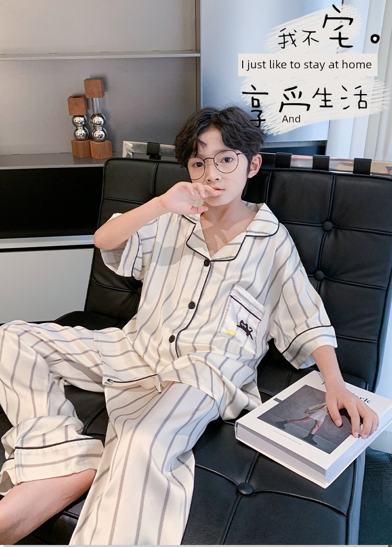 All-Cotton Pure Cotton Ice Silk Pajamas for Boys, Summer Short-Sleeve Three-Piece Set, Air-Conditioned Clothing for Older Children, 2026 New Model — 8