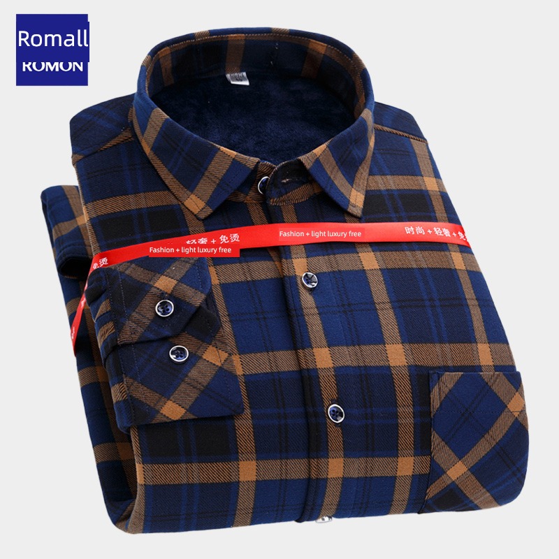 Inch shirt Romon Long sleeve Plush thickening Autumn and winter shirt