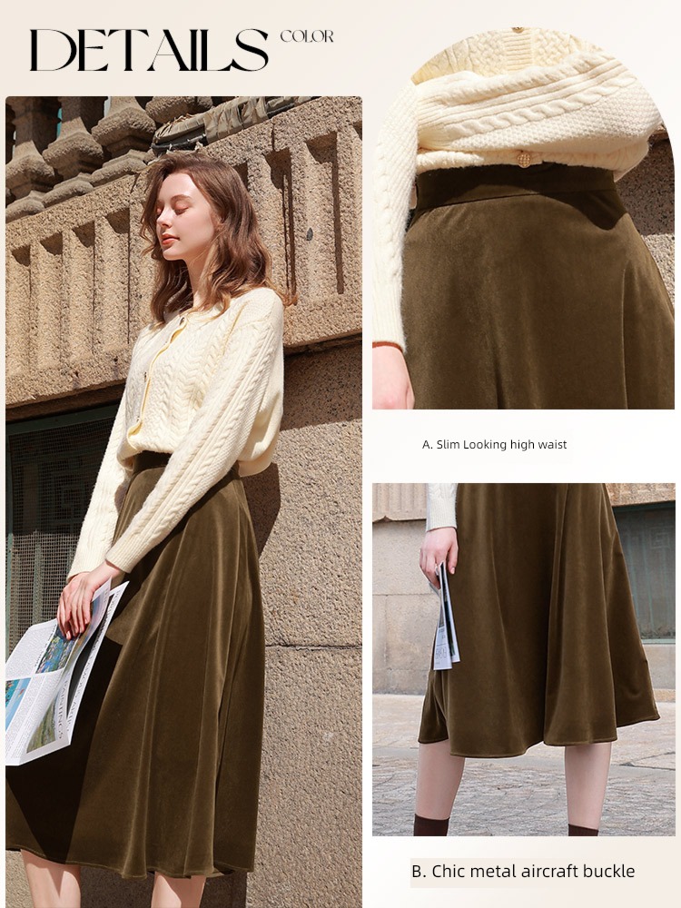 Tricolor Autumn and winter Solid color Medium length corduroy skirt