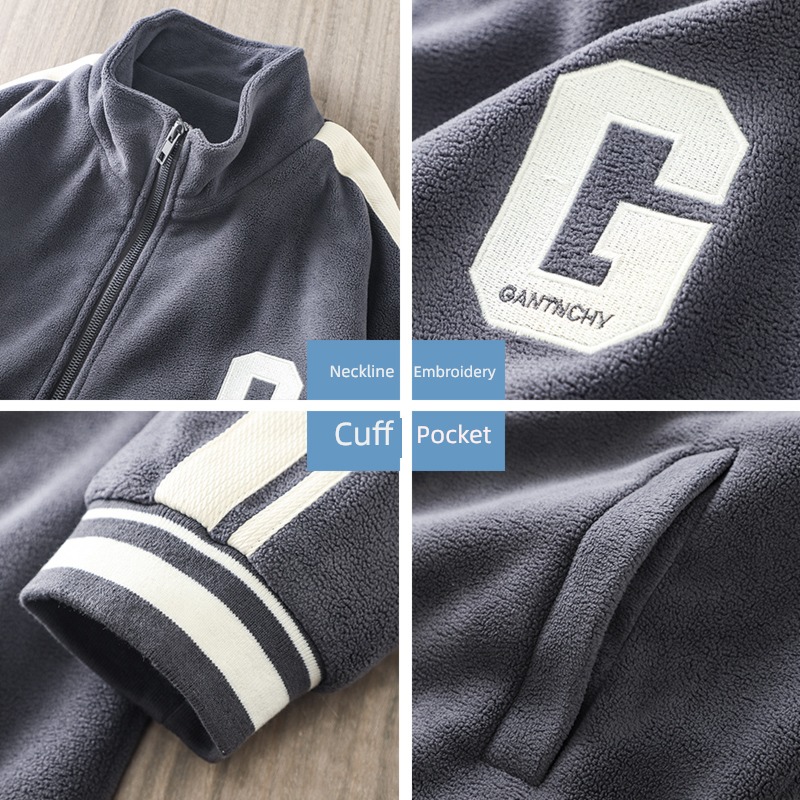 Pounds Autumn and winter letter Embroidery stand collar Fleece loose coat