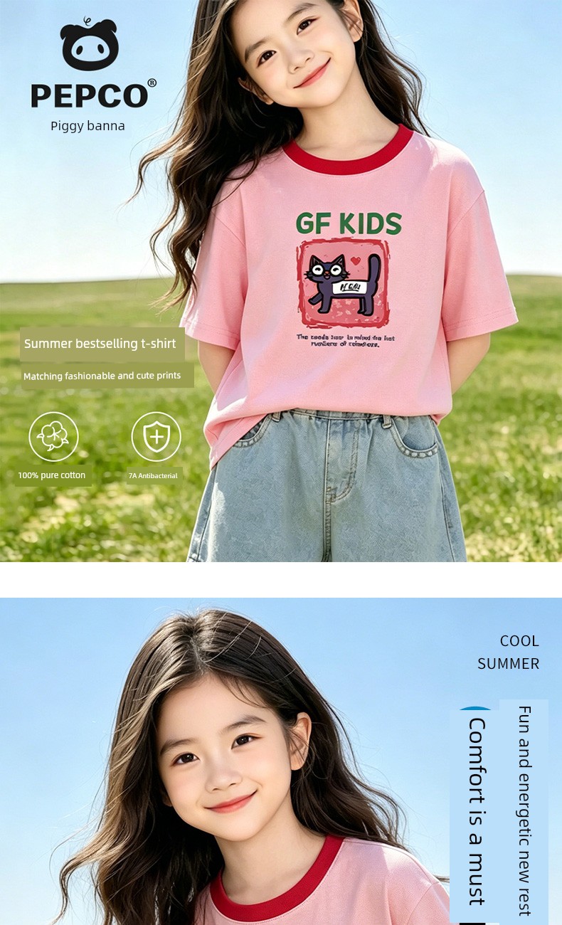 Piggy Banner Girls' Short-Sleeved T-Shirt 2026 Summer New Style Pure Cotton Half-Sleeved Kidsren's Fashionable Summer Clothing Girls' Tops W — 2