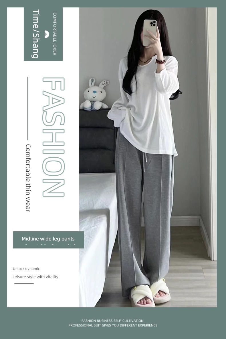 grey High waist Show thin easy leisure time Plush Wide leg pants