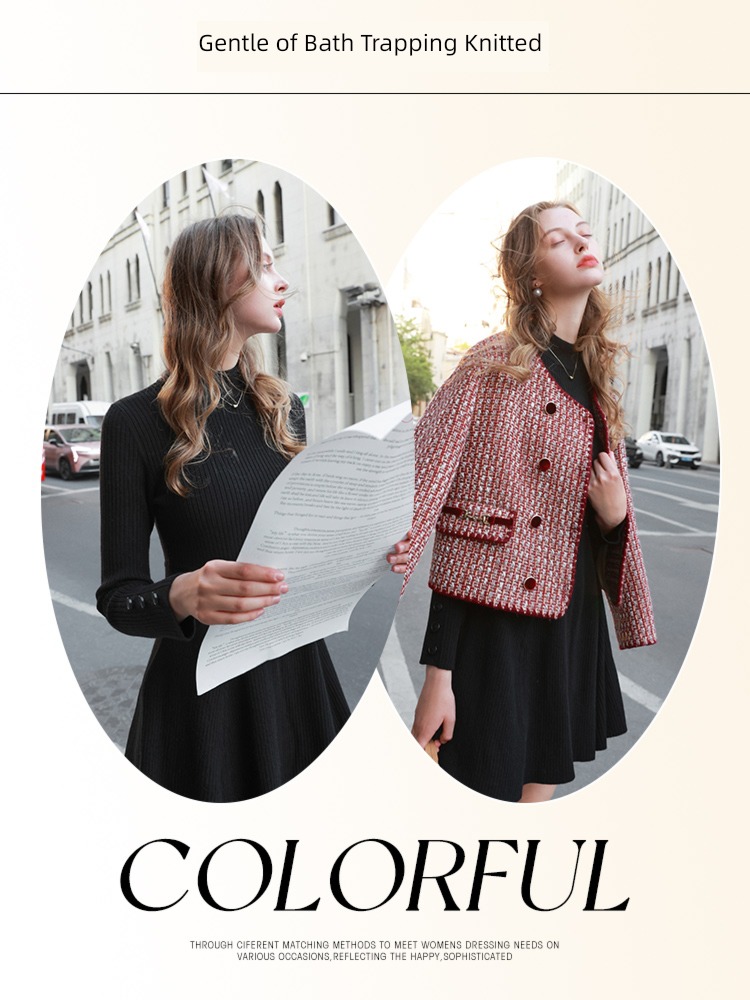 Tricolor Autumn and winter Half high collar Inner lap Knitted skirt