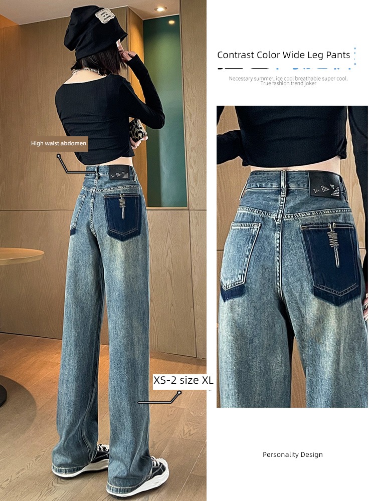 Make old Retro blue Color contrast High waist fat mm Jeans