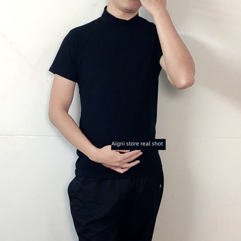 Tight fitting man Half height Solid color Middle collar Short sleeve T-shirt