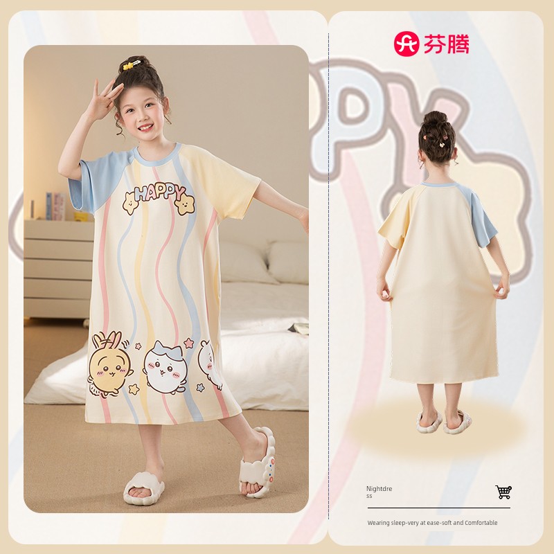 Fenteng Girls' Nightgown Pure Cotton Summer Style Princess Little Girl Kidsren's Pajamas Summer Home Wear Dress — 4