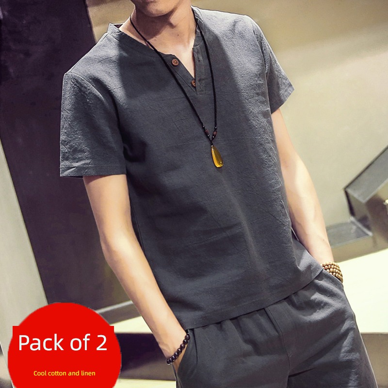 Short sleeve Chinese style Two piece set Big size V-neck flax