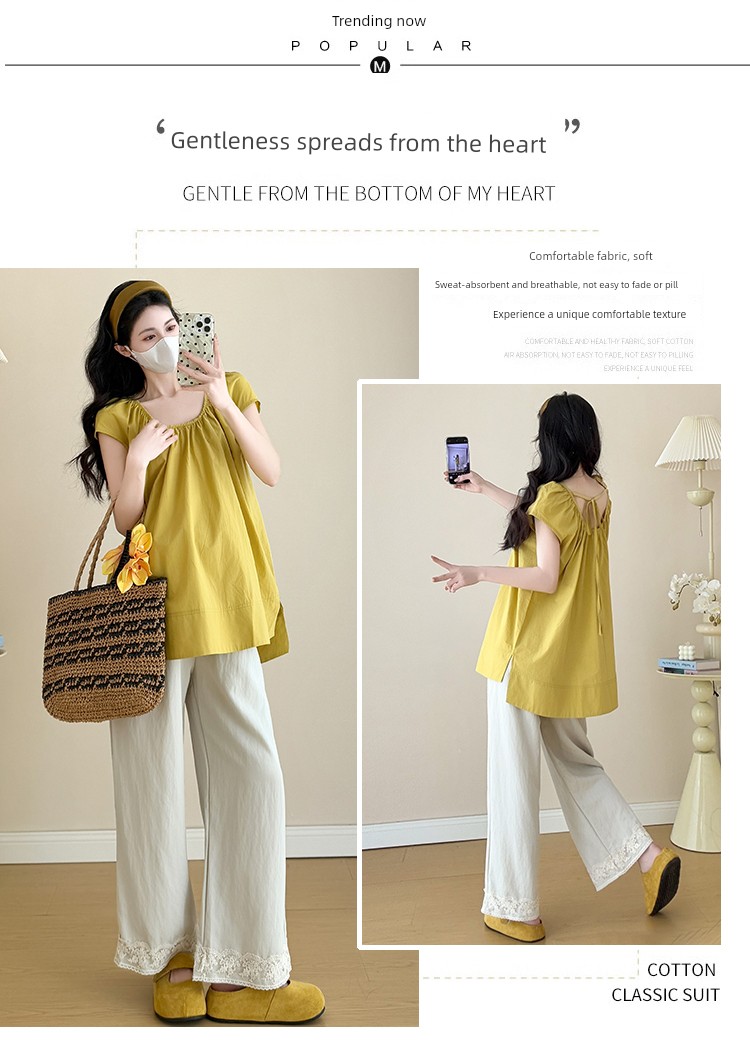 Maternity Outfit Summer 2026 New French Style Pregnancy Wear, Top to Cover Belly and Wide-Leg Pants Two-Piece Set, Thin Style — 4