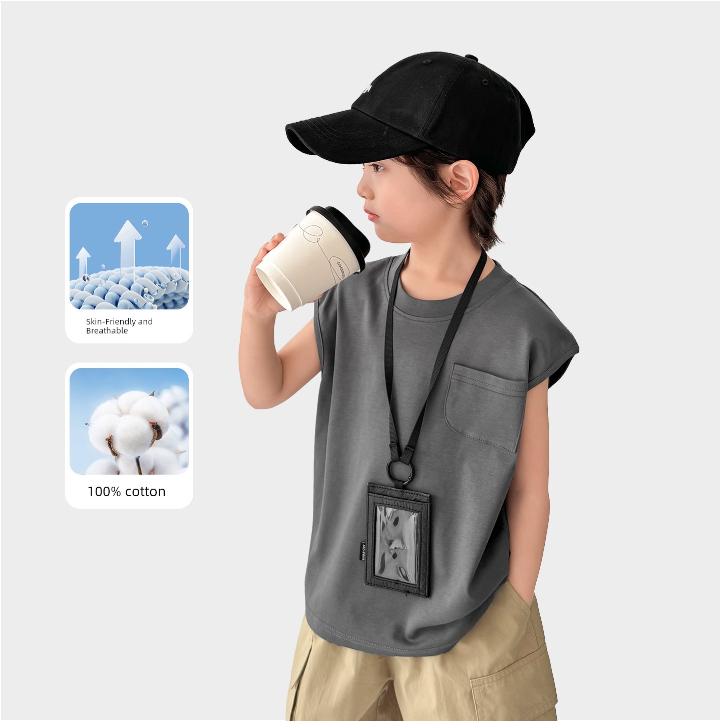 Haima's Boys' Pure Cotton Summer Thin Vest 2026 New Style Children's Sleeveless T-Shirt Boys' Outerwear Set Trendy — 1