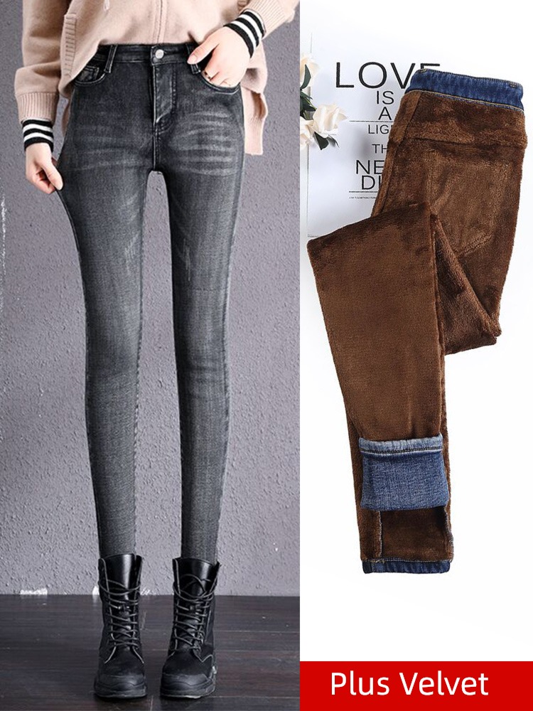 winter thickening High waist Velvet belt Wear out Tight fitting Jeans