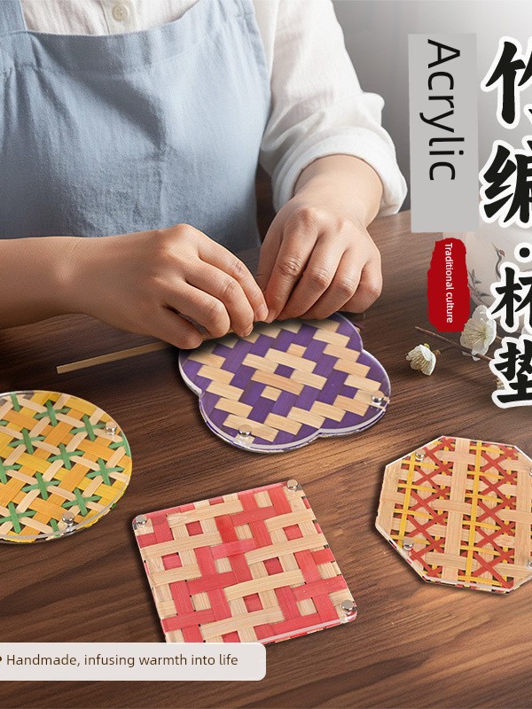 Dragon Boat Festival Acrylic Bamboo Woven Coasters Handmade DIY Colorful Bamboo Strips Tea Trays New Year's Day Warm-Up Event Handmade Gifts