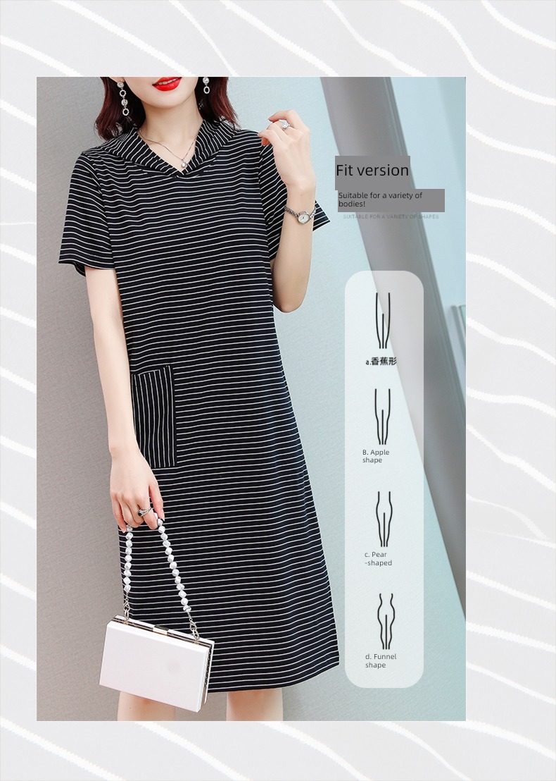 pure cotton stripe Dress middle age mom Cap T-shirt