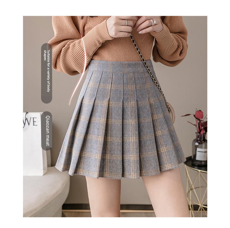 Wool lattice early autumn winter Half body Advanced sense Short skirt