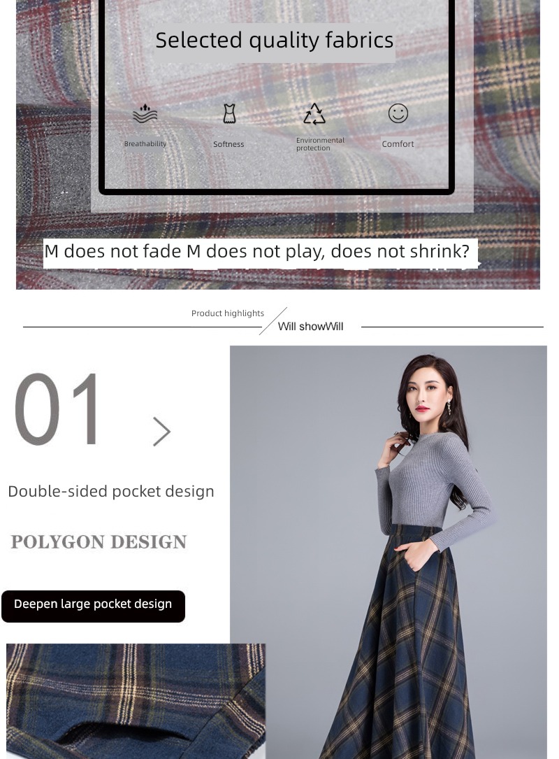 Wool lattice Retro Big size High waist Show thin Medium length skirt