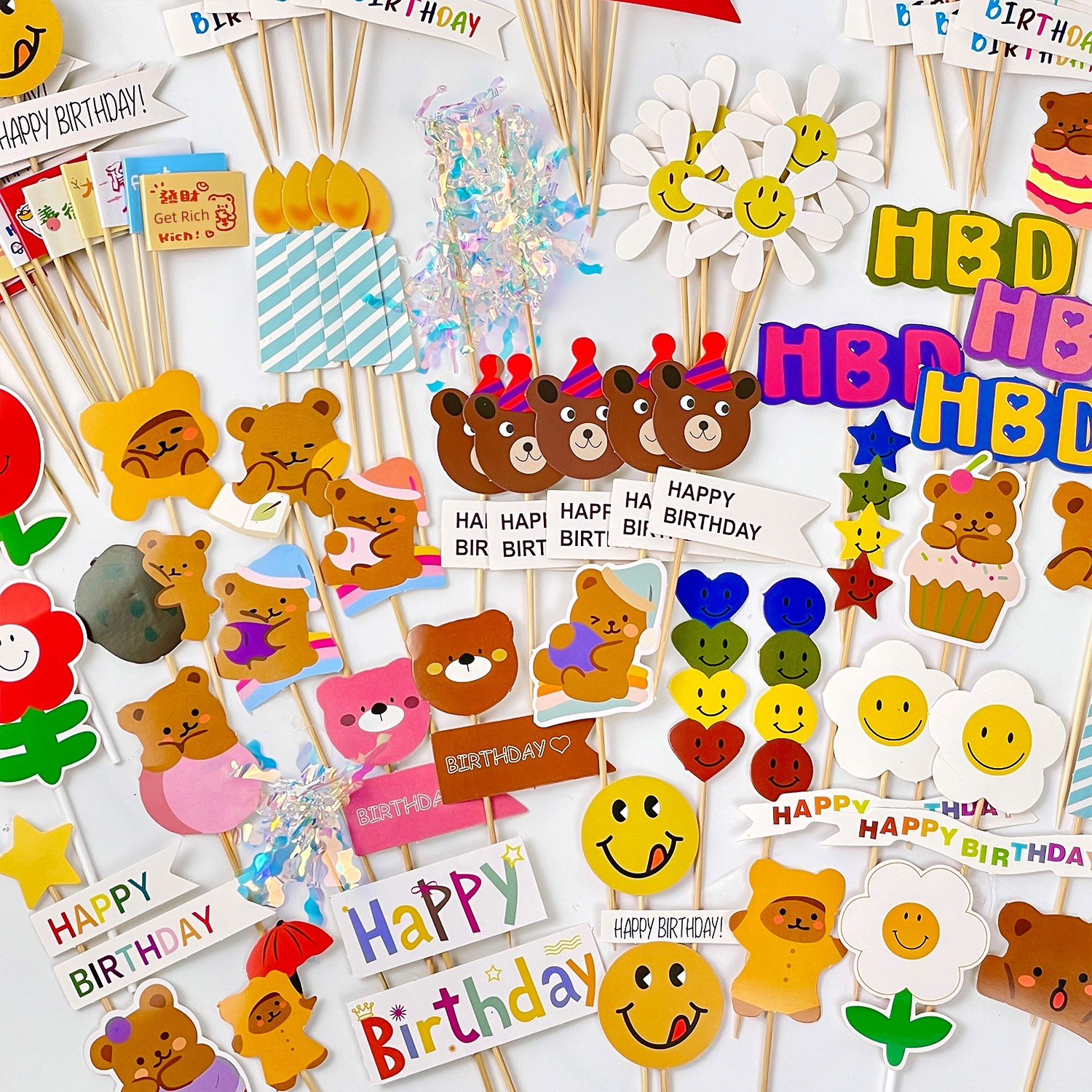 Korean-Style Ins-Style Colorful Flag Cake Decoration Toppers Hbd Smiley Face Sunflower Bear Heart Birthday Topper Set