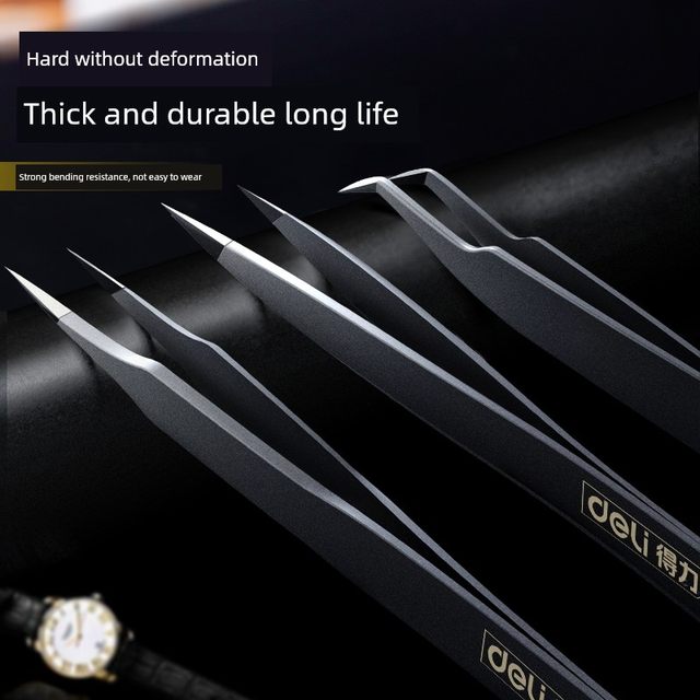 Deli tweezers three-piece set stainless steel household long straight tool pinch clip elbow sewing machine special maintenance