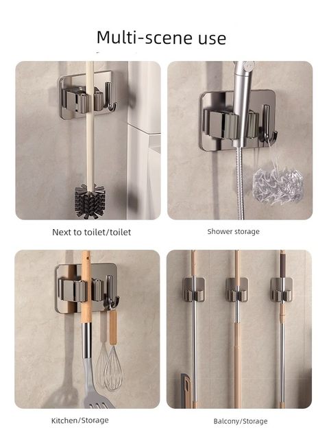 Mop hook without hole punching bathroom storage tool sticky hook broom hanger powerful adhesive wall hanging mop clip