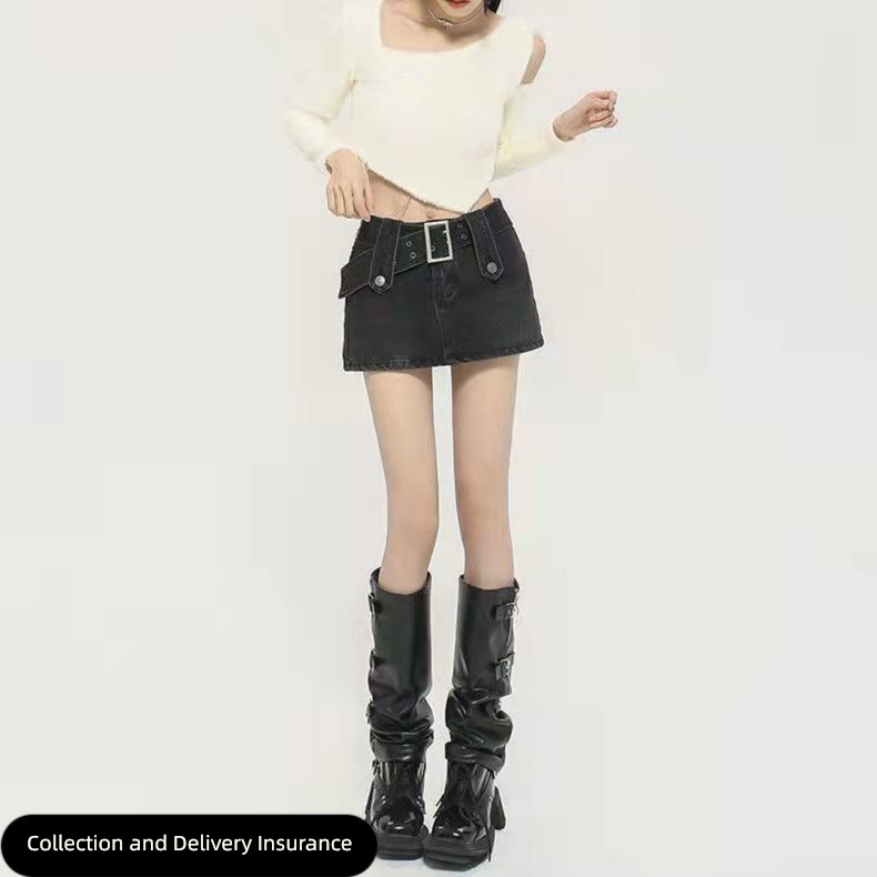 Retro cowboy black hottie Cover up Span Show thin Short skirt pants