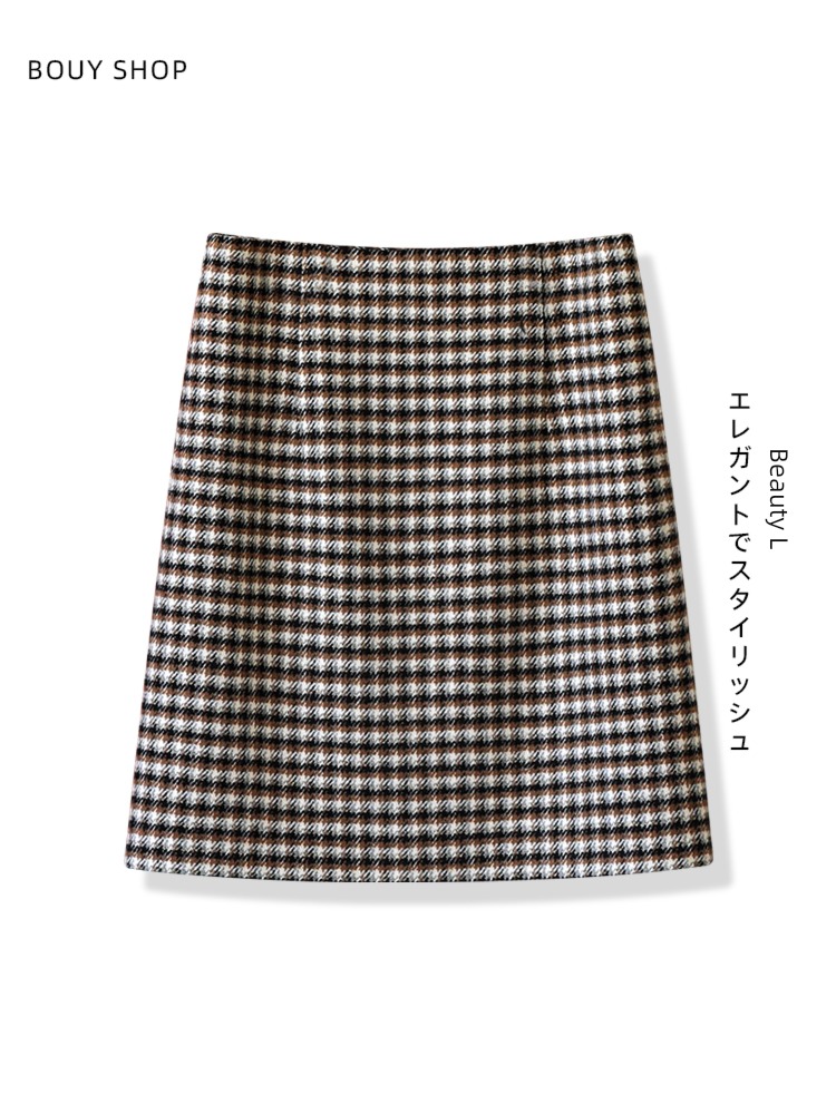 Wool Retro Check pattern little chap Significantly high skirt