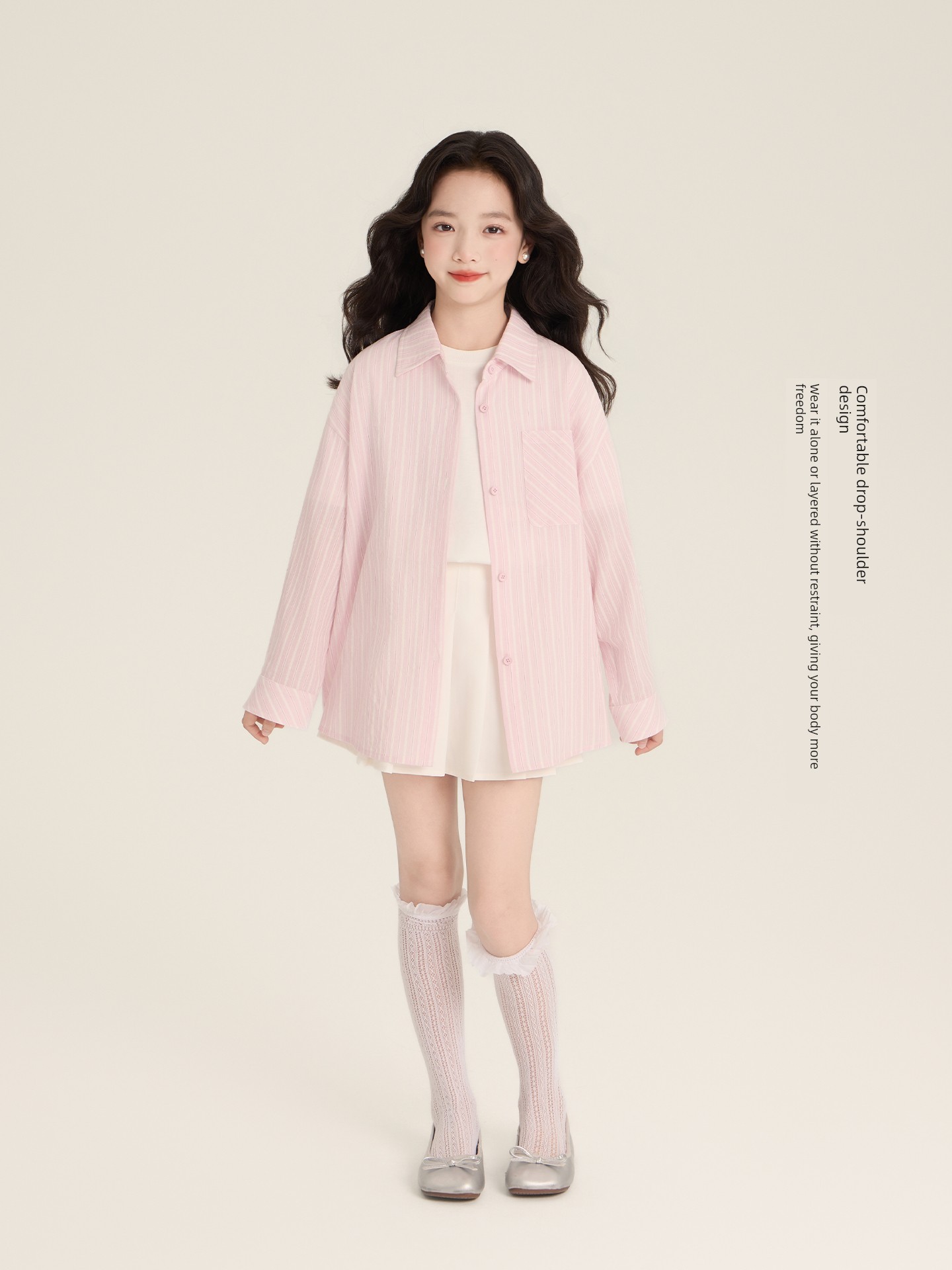 Amybaby Girls' Tops Autumn 2026 New Korean Style Soft and Trendy Ins-Style White-Striped Loose Shirt — 2